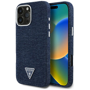 Husa de protectie Guess Denim Triangle Logo MagSafe (GUHMP16LRJFWTLB) compatibil cu iPhone 16 Pro, Albastru