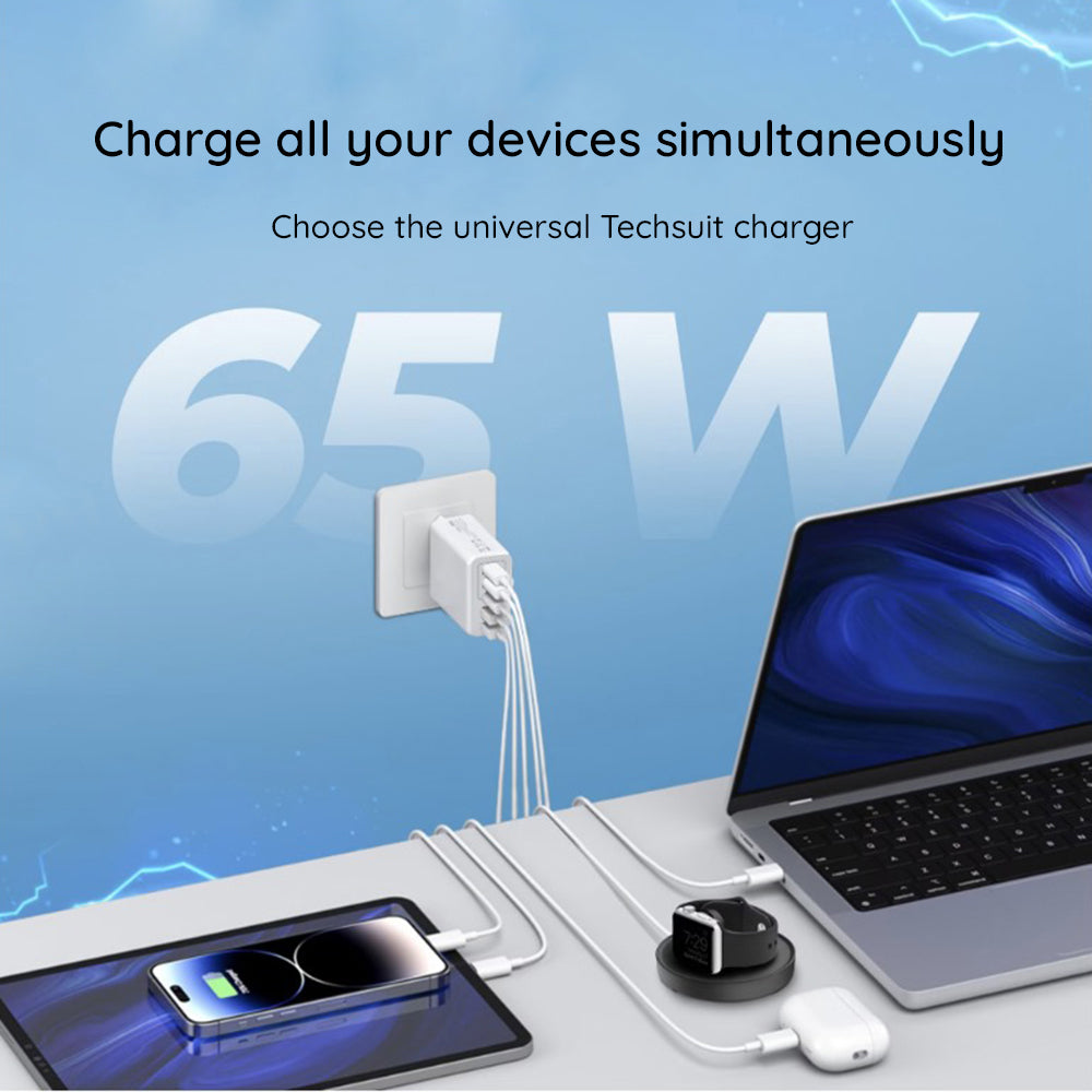 Incarcator Techsuit Premium PentaXPower (CHC2), Type-C Cable Included, 3x USB QC 3.0, 2x Type-C PD 20W, 65W, 1m, Alb