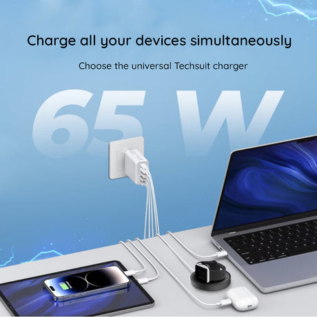 Incarcator Techsuit Premium PentaXPower (CHC2), Type-C Cable Included, 3x USB QC 3.0, 2x Type-C PD 20W, 65W, 1m, Alb