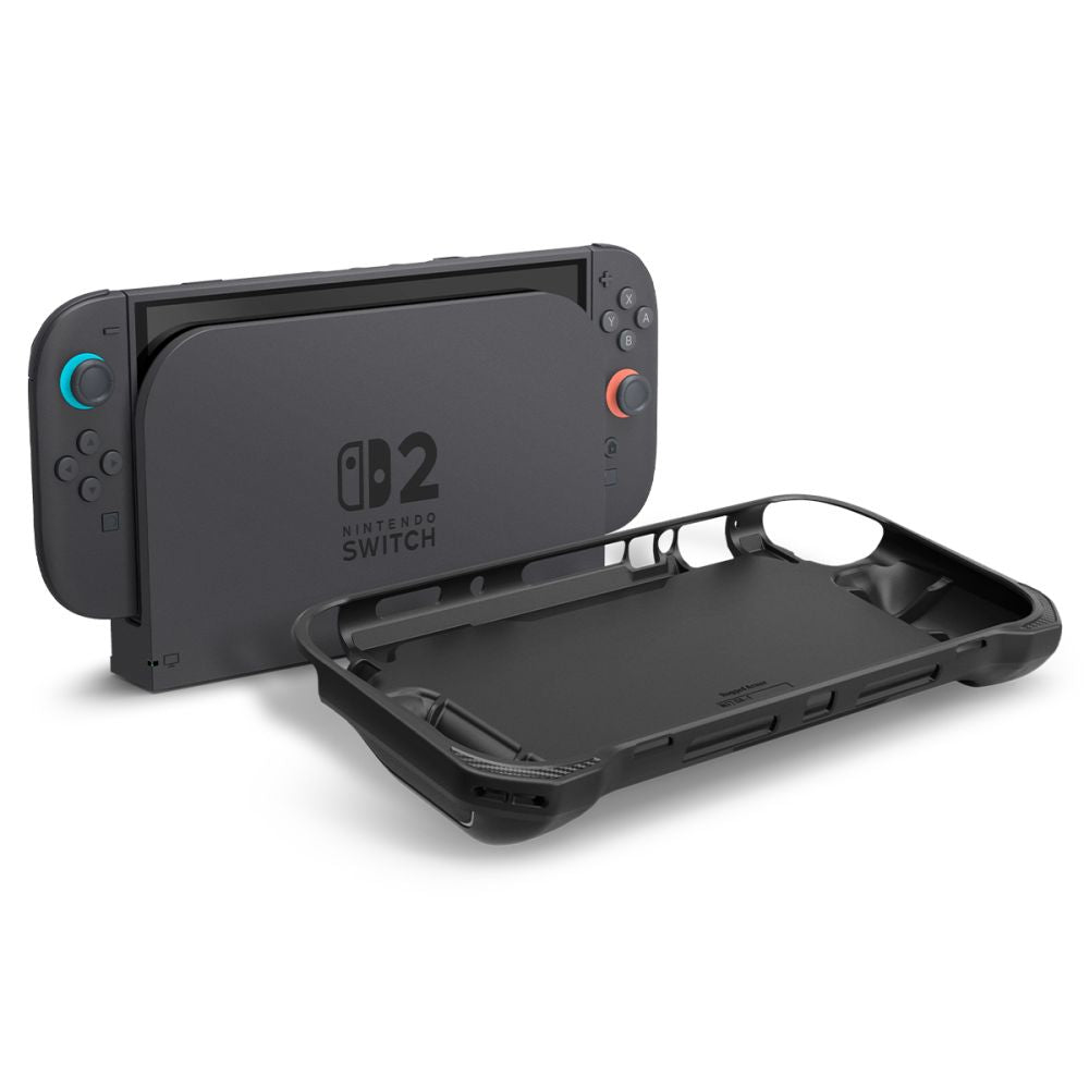 Accesoriu gaming Spigen Protective Case Rugged Armor (ACS09075), for Nintendo Switch 2, with Adjustable Strap, Ergonomic Design, Negru Mat
