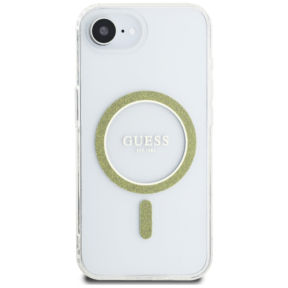 Husa de protectie Guess IML Glitter Circle MagSafe (GUHMPSE4HFGERET) compatibil cu iPhone 16e / iPhone 17e, Transparent