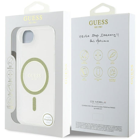 Husa de protectie Guess IML Glitter Circle MagSafe (GUHMPSE4HFGERET) compatibil cu iPhone 16e / iPhone 17e, Transparent