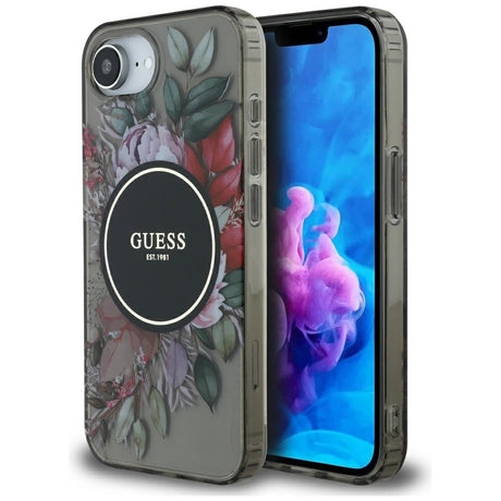 Husa de protectie Guess IML Flowers MagSafe (GUHMPSE4HFWBRCEK) compatibil cu iPhone 16e / iPhone 17e, Negru