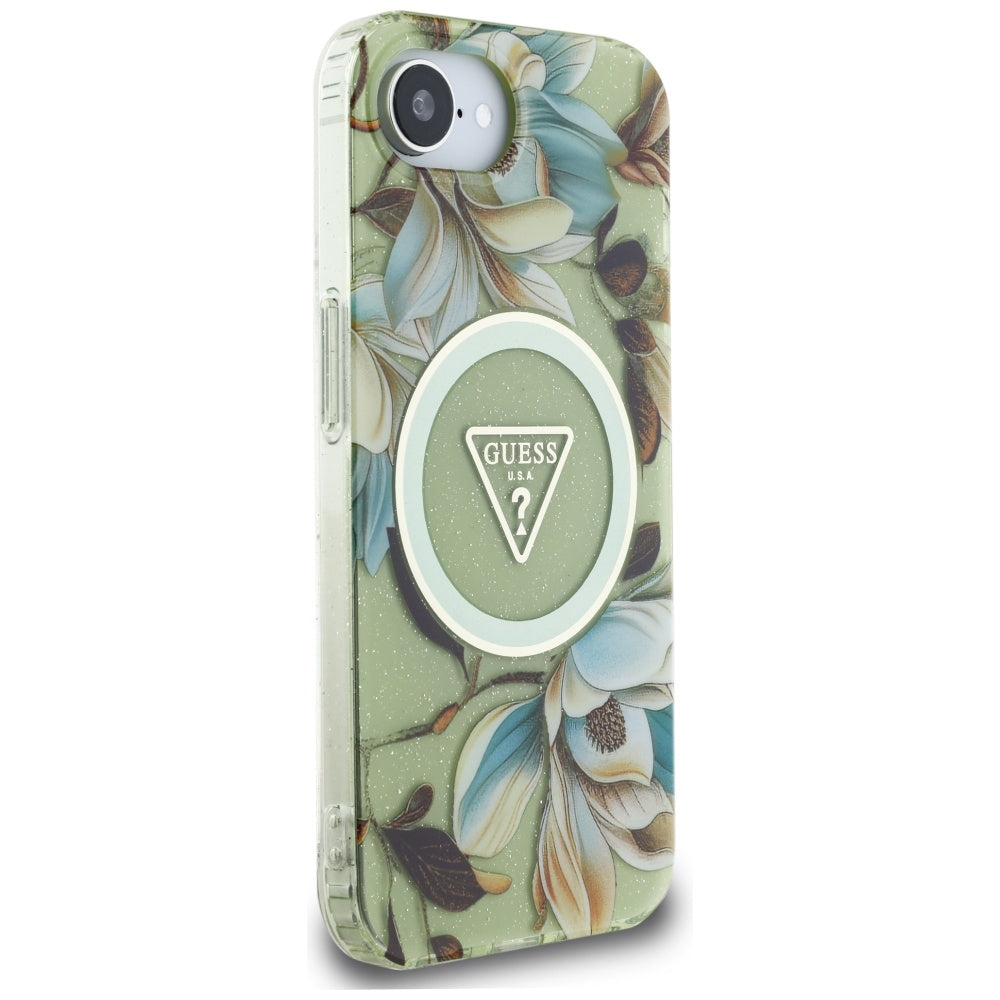 Husa de protectie Guess IML Metal Glitter Flowers Triangle MagSafe (GUHMPSE4HFLPEDN) compatibil cu iPhone 16e / iPhone 17e, Verde