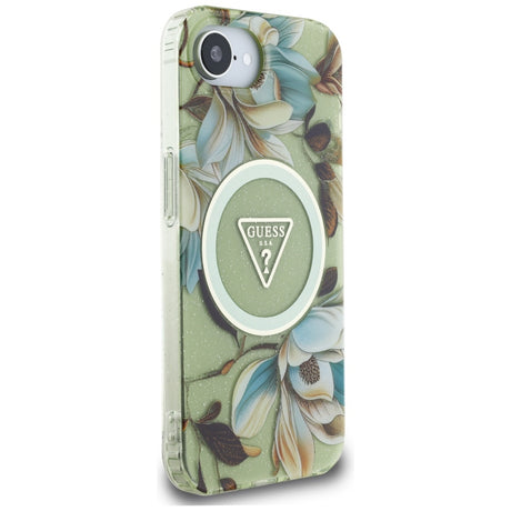 Husa de protectie Guess IML Metal Glitter Flowers Triangle MagSafe (GUHMPSE4HFLPEDN) compatibil cu iPhone 16e / iPhone 17e, Verde
