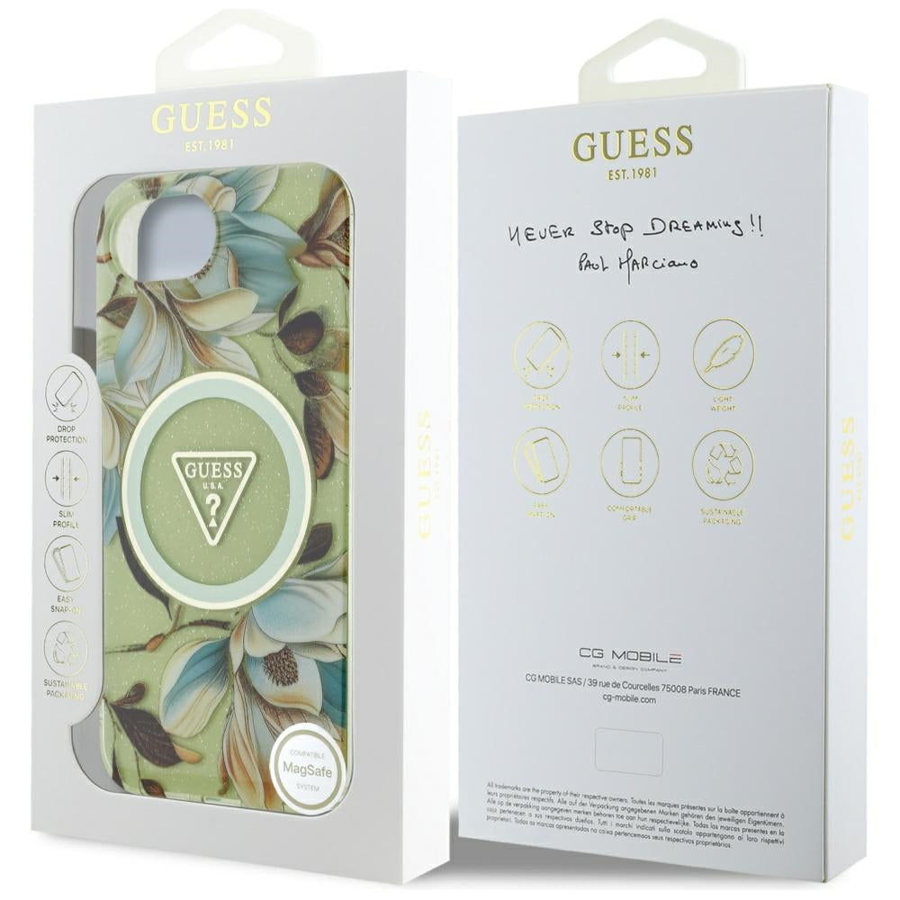Husa de protectie Guess IML Metal Glitter Flowers Triangle MagSafe (GUHMPSE4HFLPEDN) compatibil cu iPhone 16e / iPhone 17e, Verde