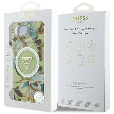 Husa de protectie Guess IML Metal Glitter Flowers Triangle MagSafe (GUHMPSE4HFLPEDN) compatibil cu iPhone 16e / iPhone 17e, Verde