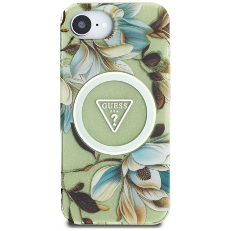Husa de protectie Guess IML Metal Glitter Flowers Triangle MagSafe (GUHMPSE4HFLPEDN) compatibil cu iPhone 16e / iPhone 17e, Verde