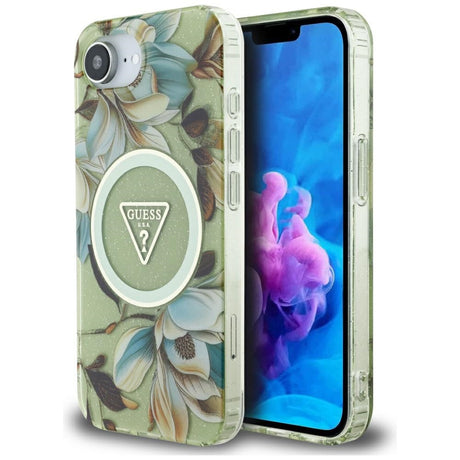 Husa de protectie Guess IML Metal Glitter Flowers Triangle MagSafe (GUHMPSE4HFLPEDN) compatibil cu iPhone 16e / iPhone 17e, Verde