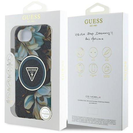Husa de protectie Guess IML Metal Glitter Flowers Triangle MagSafe (GUHMPSE4HFLPEDK) compatibil cu iPhone 16e / iPhone 17e, Negru