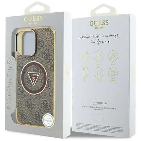 Husa de protectie Guess IML Metal Glitter 4G Circle Triangle MagSafe (GUHMP16LHG4PRTGW) compatibil cu iPhone 16 Pro, Maro