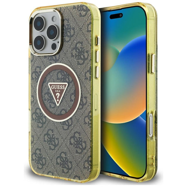 Husa de protectie Guess IML Metal Glitter 4G Circle Triangle MagSafe (GUHMP16LHG4PRTGW) compatibil cu iPhone 16 Pro, Maro