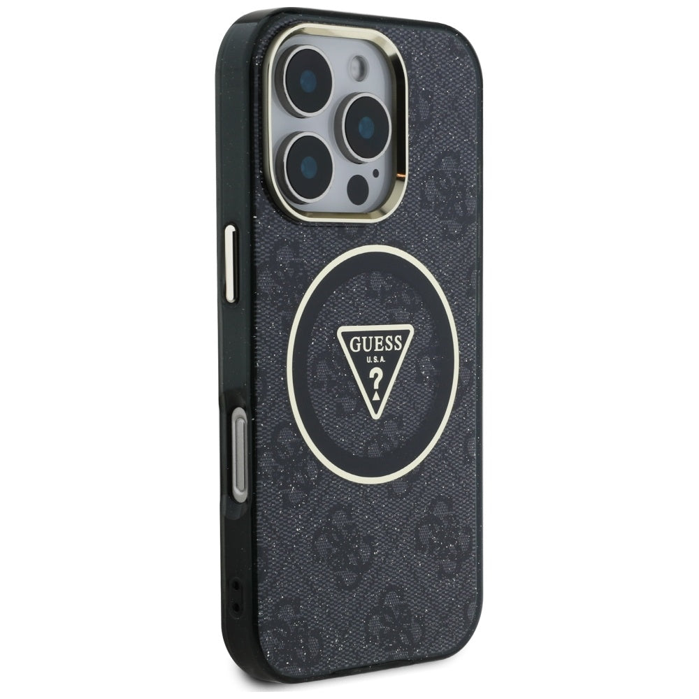 Husa de protectie Guess IML Metal Glitter 4G Circle Triangle MagSafe (GUHMP16LHG4PRTGK) compatibil cu iPhone 16 Pro, Negru