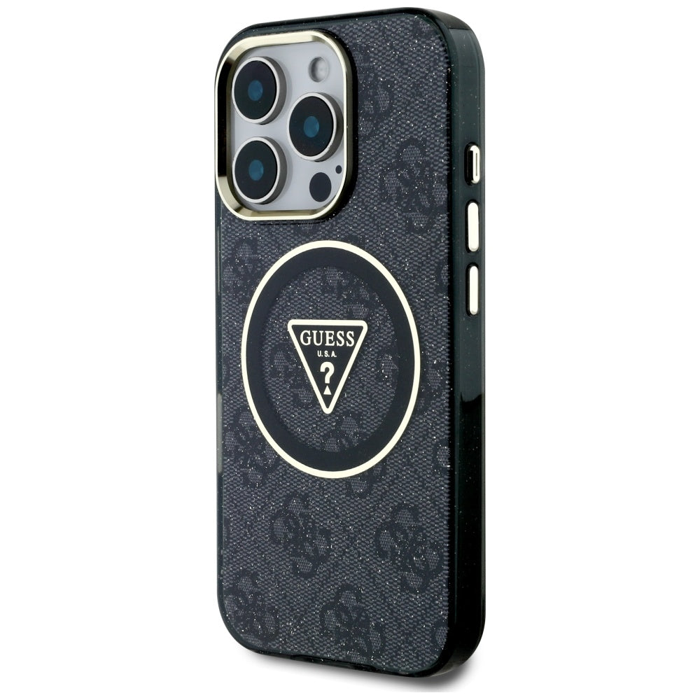 Husa de protectie Guess IML Metal Glitter 4G Circle Triangle MagSafe (GUHMP16LHG4PRTGK) compatibil cu iPhone 16 Pro, Negru