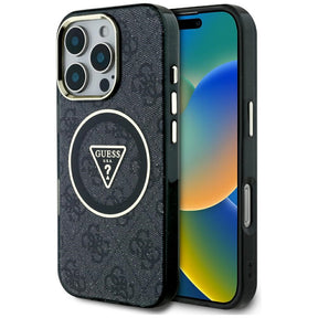 Husa de protectie Guess IML Metal Glitter 4G Circle Triangle MagSafe (GUHMP16LHG4PRTGK) compatibil cu iPhone 16 Pro, Negru