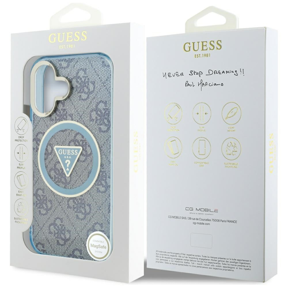 Husa de protectie Guess IML Metal Glitter 4G Circle Triangle MagSafe (GUHMP16SHG4PRTGB) compatibil cu iPhone 16, Albastru