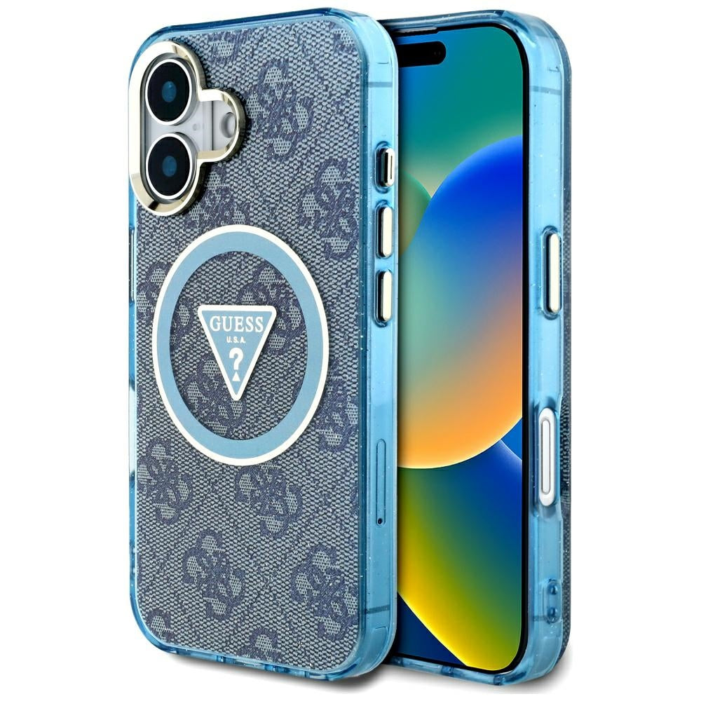 Husa de protectie Guess IML Metal Glitter 4G Circle Triangle MagSafe (GUHMP16SHG4PRTGB) compatibil cu iPhone 16, Albastru