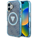 Husa de protectie Guess IML Metal Glitter 4G Circle Triangle MagSafe (GUHMP16SHG4PRTGB) compatibil cu iPhone 16, Albastru