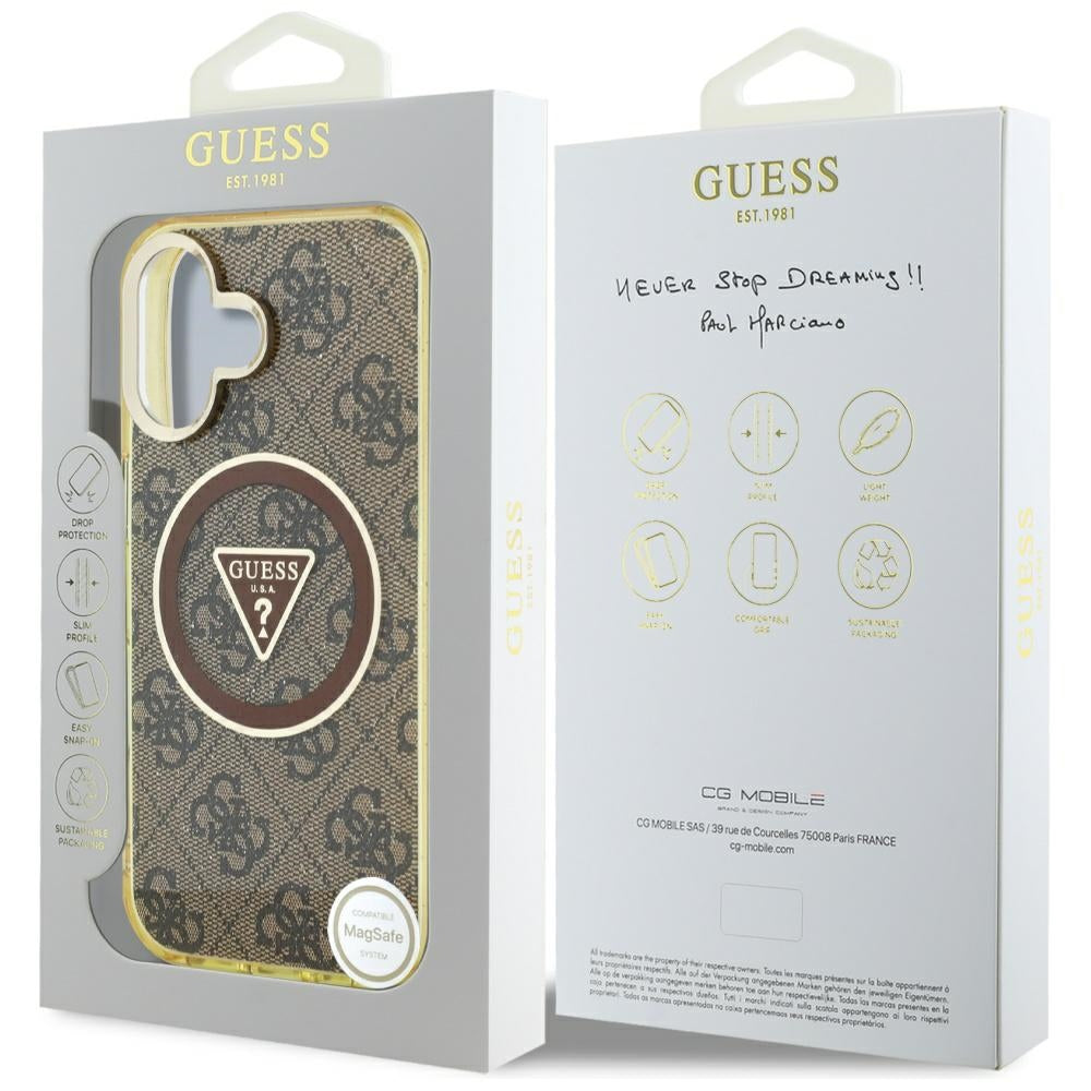 Husa de protectie Guess IML Metal Glitter 4G Circle Triangle MagSafe (GUHMP16SHG4PRTGW) compatibil cu iPhone 16, Maro