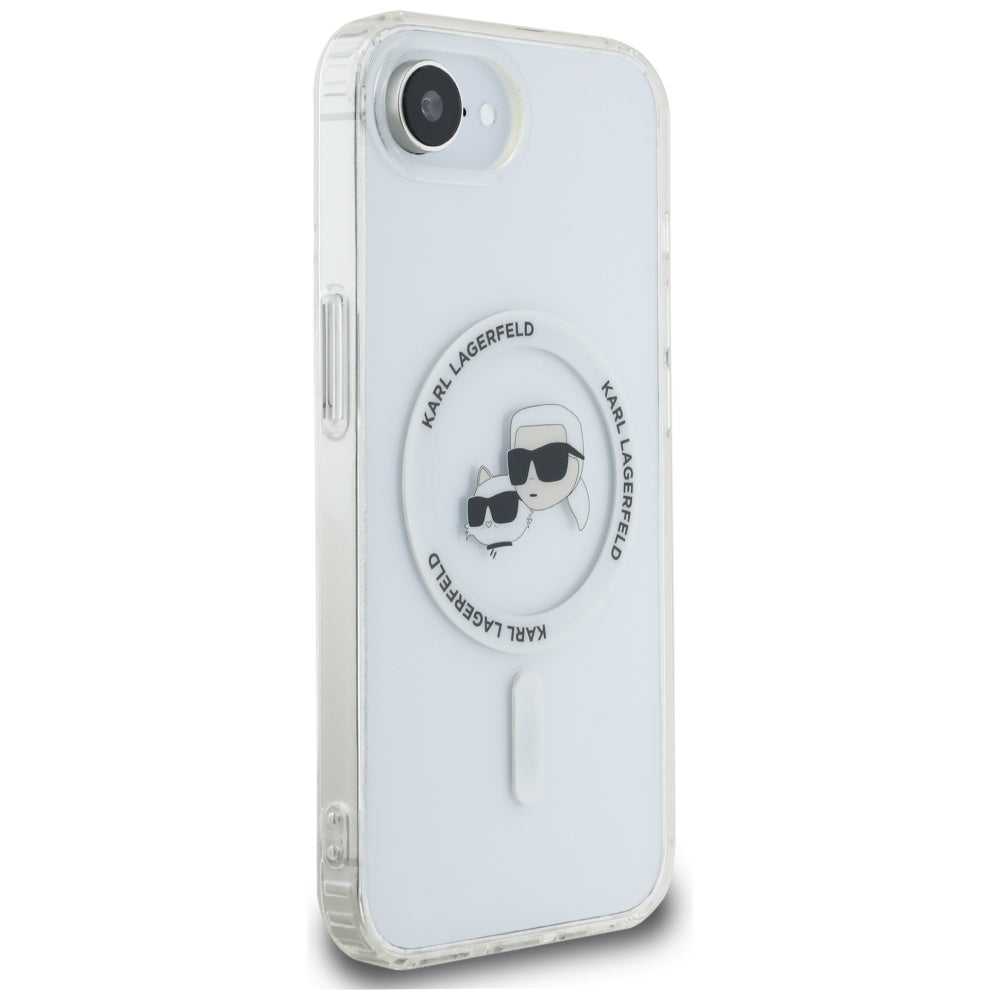 Husa de protectie Karl Lagerfeld IML MagSafe (KLHMPSE4HLSKCH) compatibil cu iPhone 16e / iPhone 17e, Alb Metal Karl&Choupette Head