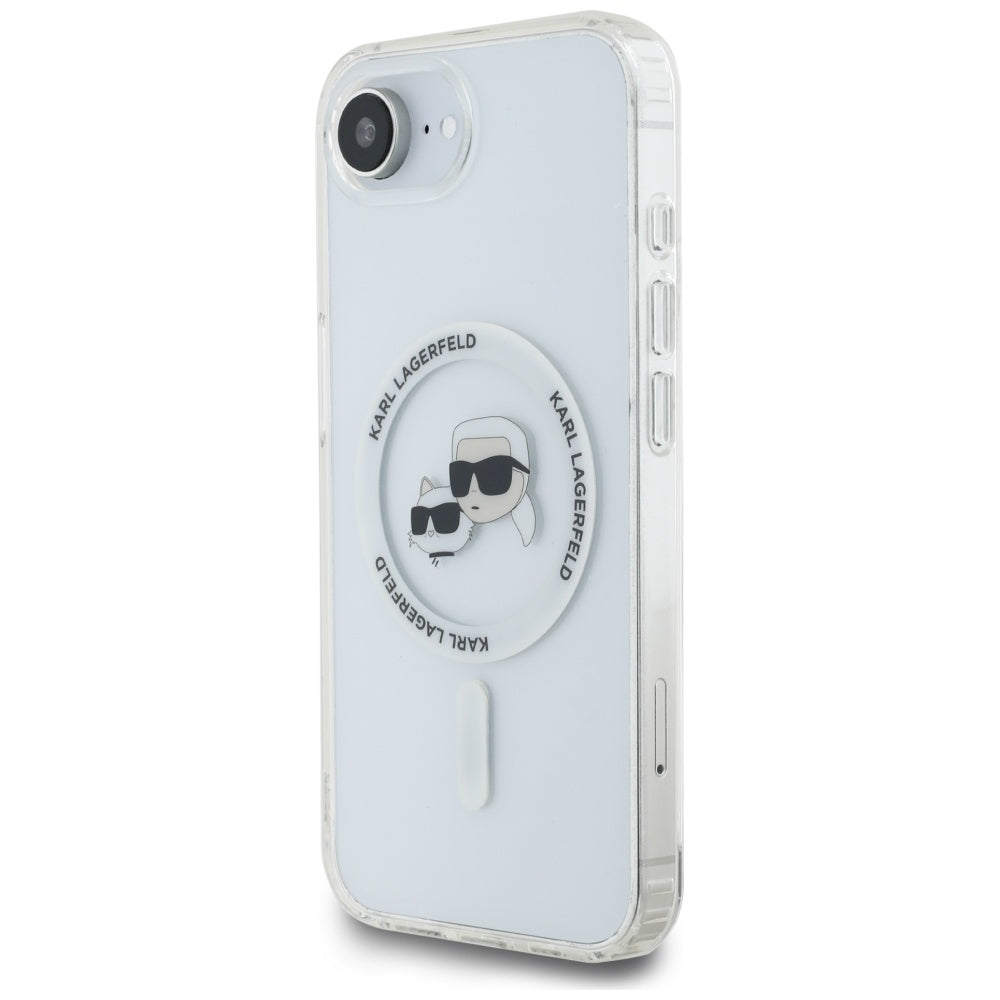 Husa de protectie Karl Lagerfeld IML MagSafe (KLHMPSE4HLSKCH) compatibil cu iPhone 16e / iPhone 17e, Alb Metal Karl&Choupette Head