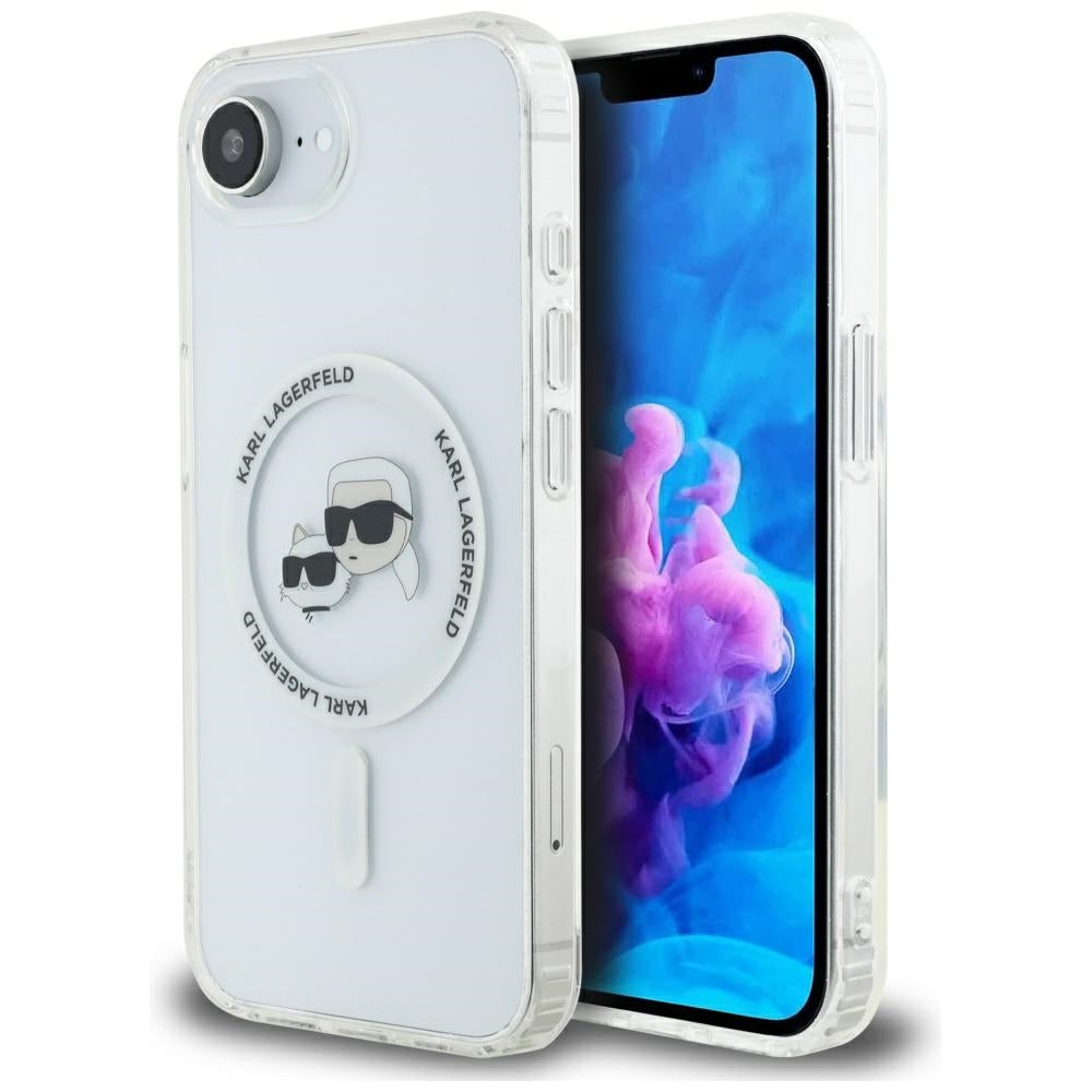 Husa de protectie Karl Lagerfeld IML MagSafe (KLHMPSE4HLSKCH) compatibil cu iPhone 16e / iPhone 17e, Alb Metal Karl&Choupette Head
