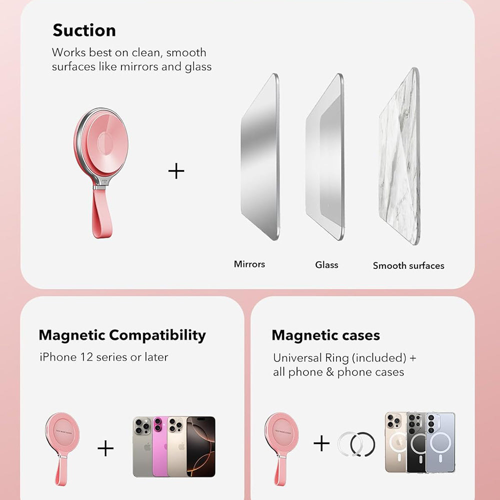 Suport ESR Suction Phone HaloLock (2K6500101), Hands-Free Mirror Phone Stand, Magnetic, 360° Rotation Ring, Roz