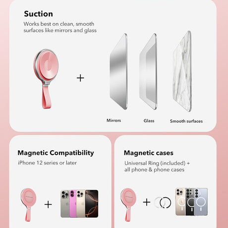 Suport ESR Suction Phone HaloLock (2K6500101), Hands-Free Mirror Phone Stand, Magnetic, 360° Rotation Ring, Roz