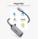 Adaptor Ugreen Ethernet Adapter CM199 (50737), USB-C to RJ45 LAN Port, Plug & Play, LED, 1000Mbps, 1Gb/s, Gri Spatial