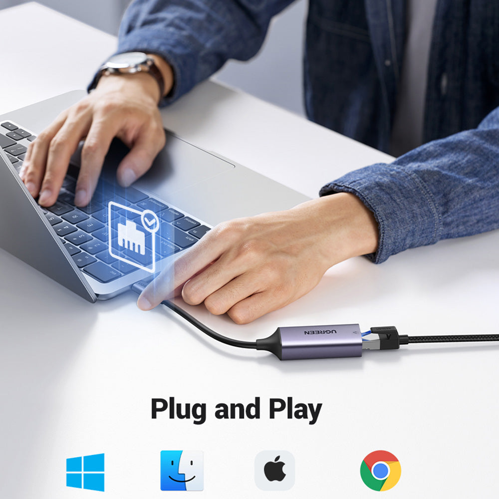 Adaptor Ugreen Ethernet Adapter CM199 (50737), USB-C to RJ45 LAN Port, Plug & Play, LED, 1000Mbps, 1Gb/s, Gri Spatial