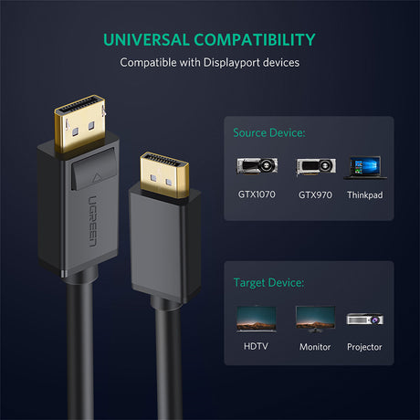 Adaptor Ugreen Video Cable DP102 (10211), DP to DP, Universal, for Laptop, TV, High Definition, 4K@60Hz, 1.2V, 2m, Negru