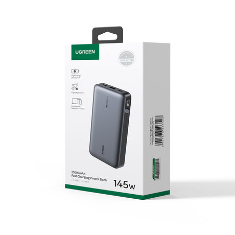 Baterie externa Ugreen PB205 (90597A), Fast Charge, Digital Display, 25000mAh, USB, 2x Type-C, PD3.0, 145W, 5V/3A, Gri Spatial
