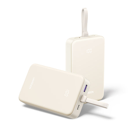 Baterie externa Ugreen PB505 (35340), Fast Charging, 20000mAh, USB, USB-C, Built-in Type-C Cable, 22.5W, 5V/3A, Bej