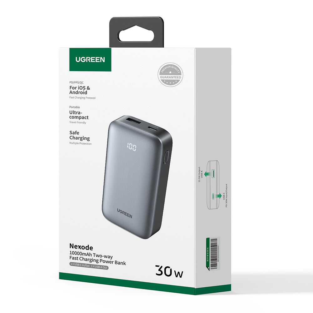 Baterie externa Ugreen PB502 (25185), Fast Charging, with Digital Display, 10000mAh, USB, Type-C, 30W, 5V/3A, Gri