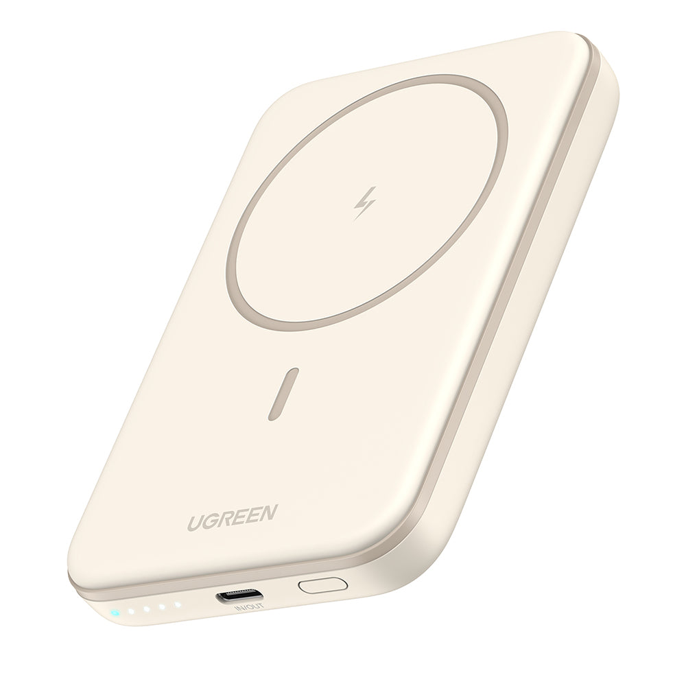 Baterie externa Ugreen PB560 (25207), Fast Charge, Wireless, Magnetic, 5000mAh, USB-C, 15W, 5V/3A, with Type-C Cable, Bej