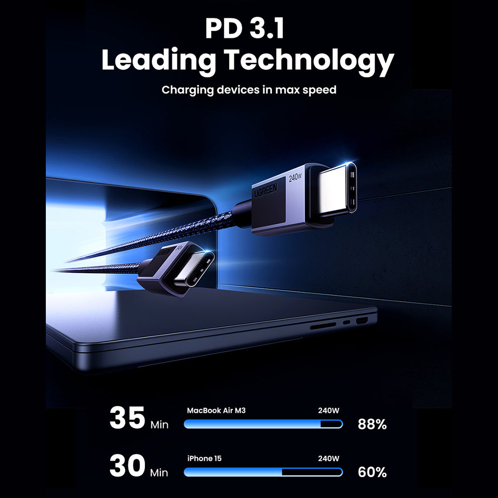 Cablu Ugreen L513 (45067), USB-C to Type-C, Fast Charging, PD240W, 5A, 480Mbps, 1m, Gri Spatial