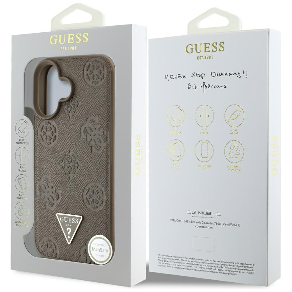 Husa de protectie Guess Peony Grained Hot Stamp Triangle MagSafe (GUHMP16SPGBTMW) compatibil cu iPhone 16, Maro