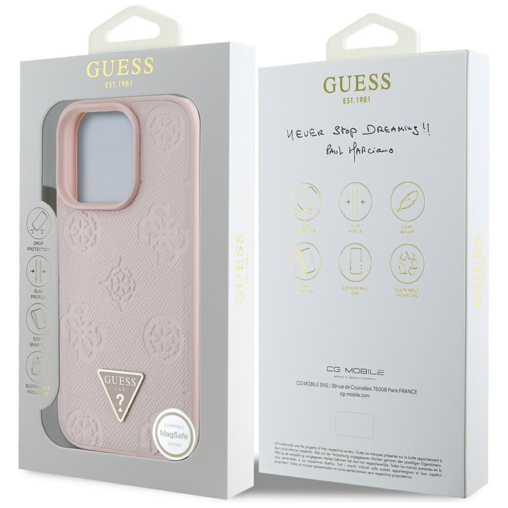 Husa de protectie Guess Peony Grained Hot Stamp Triangle MagSafe (GUHMP16LPGBTMP) compatibil cu iPhone 16 Pro, Roz