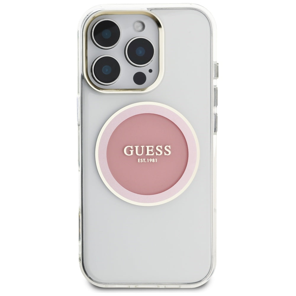 Husa de protectie Guess IML Metal Colored Circle MagSafe (GUHMP16LHTDRCEDP) compatibil cu iPhone 16 Pro, Roz