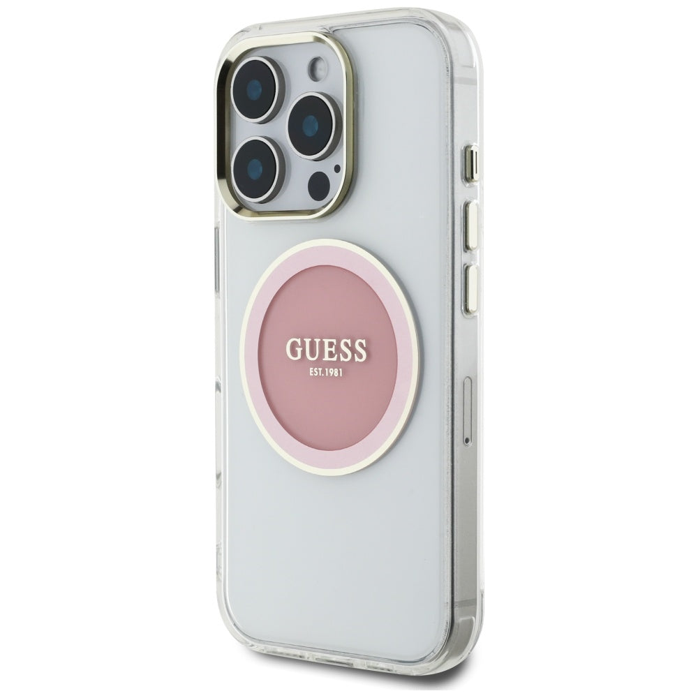 Husa de protectie Guess IML Metal Colored Circle MagSafe (GUHMP16LHTDRCEDP) compatibil cu iPhone 16 Pro, Roz