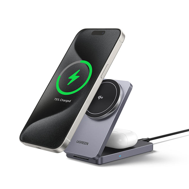 Incarcator Ugreen Wireless W706 (45023), MagSafe, 2in1, for iPhone, AirPods, USB-C Cable, 20W, 3A, Qi2, MPP, 1m, Gri