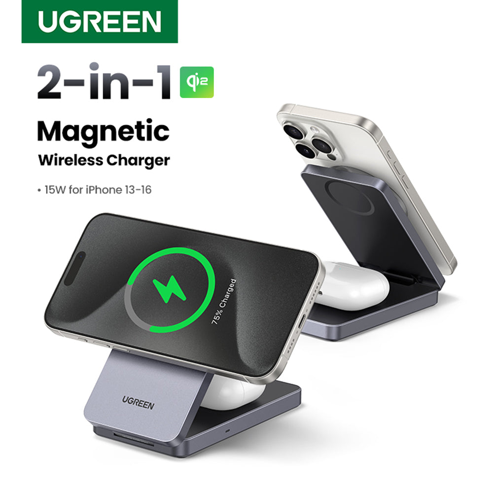 Incarcator Ugreen Wireless W706 (45023), MagSafe, 2in1, for iPhone, AirPods, USB-C Cable, 20W, 3A, Qi2, MPP, 1m, Gri