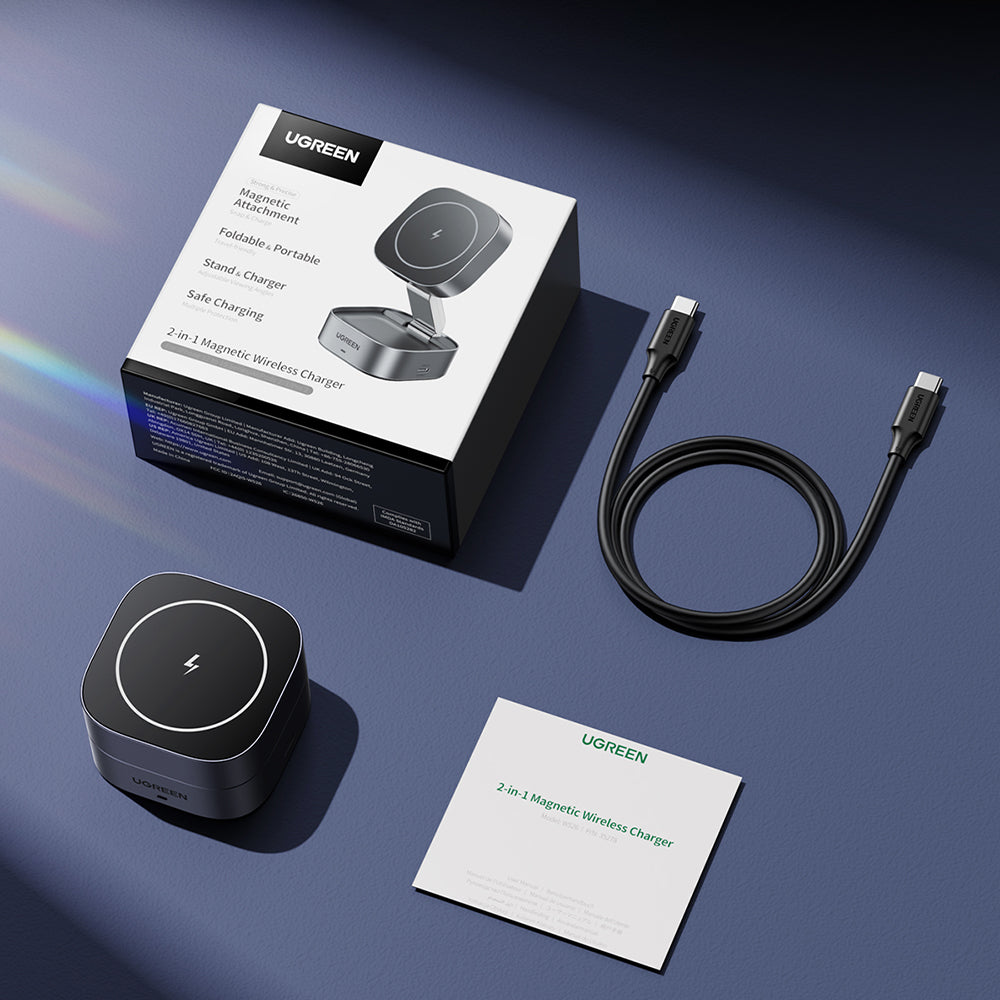 Incarcator Ugreen Wireless 2in1 W526 (35278), MagSafe, for iPhone, Apple Watch, AirPods, USB-C, Foldable, 25W, 3A, Qi2- Black