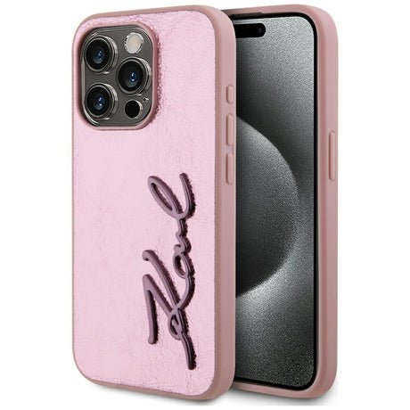 Husa de protectie Karl Lagerfeld Hardcase Leather (KLHCP15LPFMFBKMP) compatibil cu iPhone 15 Pro, Roz Metal Signature