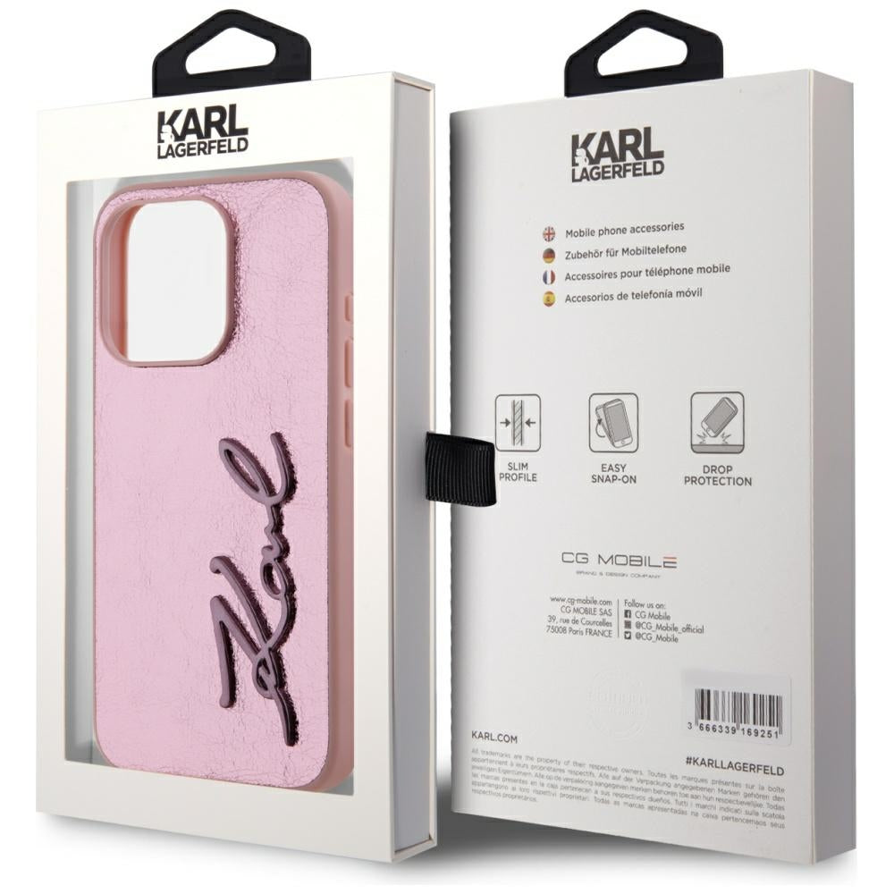 Husa de protectie Karl Lagerfeld Hardcase Leather (KLHCP15XPFMFBKMP) compatibil cu iPhone 15 Pro Max, Roz Metal Signature