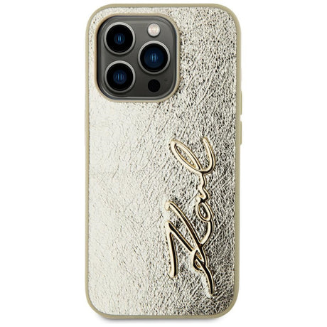 Husa de protectie Karl Lagerfeld Hardcase Leather (KLHCP15LPFMFBKMD) compatibil cu iPhone 15 Pro, Auriu Metal Signature