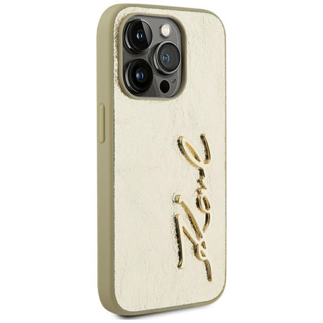 Husa de protectie Karl Lagerfeld Hardcase Leather (KLHCP15LPFMFBKMD) compatibil cu iPhone 15 Pro, Auriu Metal Signature