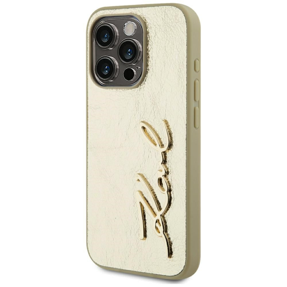 Husa de protectie Karl Lagerfeld Hardcase Leather (KLHCP15LPFMFBKMD) compatibil cu iPhone 15 Pro, Auriu Metal Signature