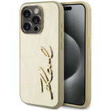 Husa de protectie Karl Lagerfeld Hardcase Leather (KLHCP15LPFMFBKMD) compatibil cu iPhone 15 Pro, Auriu Metal Signature