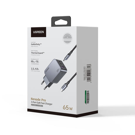 Incarcator Ugreen Nexode Pro X755 (25871), GaN, Fast Charging, USB, 2x Type-C, 65W, 3A, PD3.0, QC4.0, with Cable, Gri